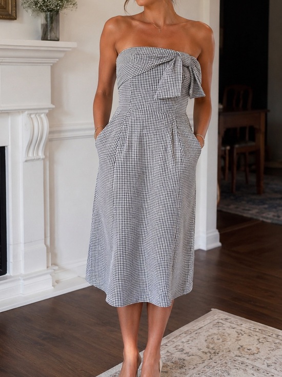 Socialite Dresses & Skirts - SOCIALITE Gingham Strapless Midi Dress Bow Pockets Black White Size L Cotton
